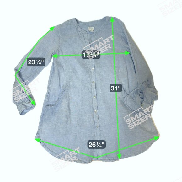 SIGRID OLSEN Linen Tunic Blouse Blue Button Front Long Tab Sleeve Pockets Sz M - Picture 8 of 8